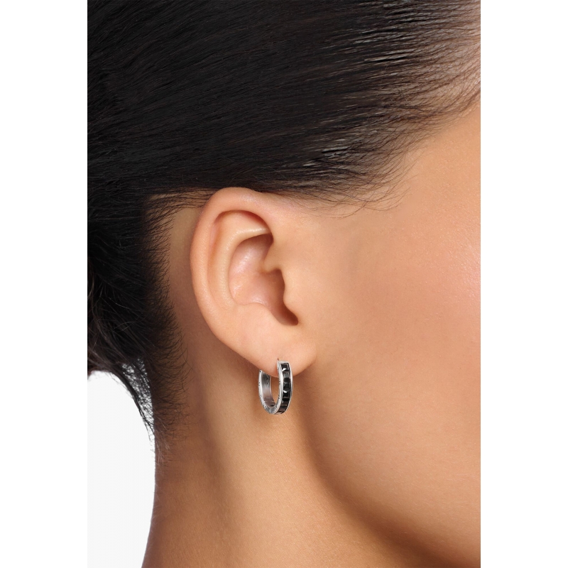 Hoop Earrings Black Stones Pavé Silver
