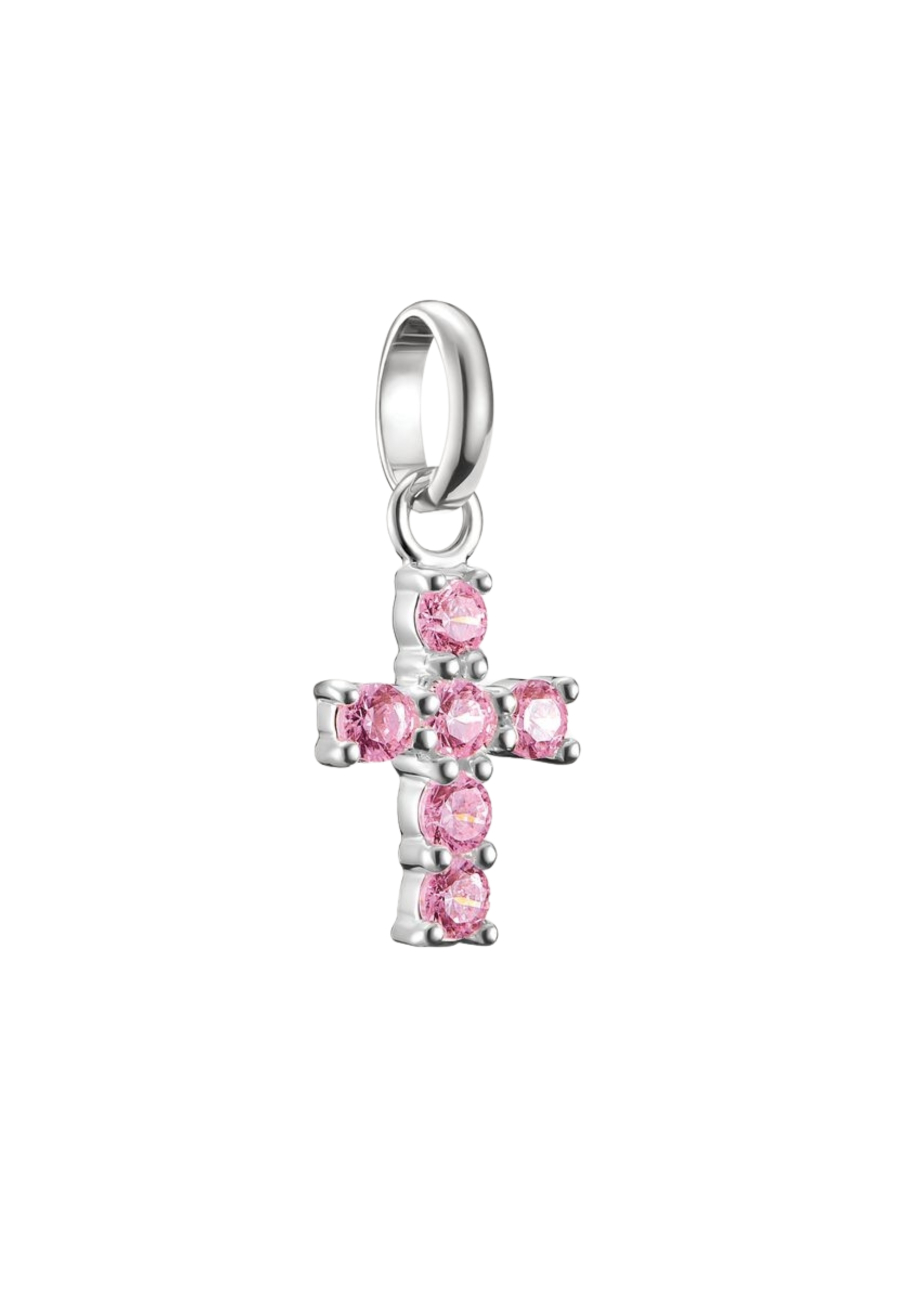 Pendentif charm croix avec pierres roses Connect en argent