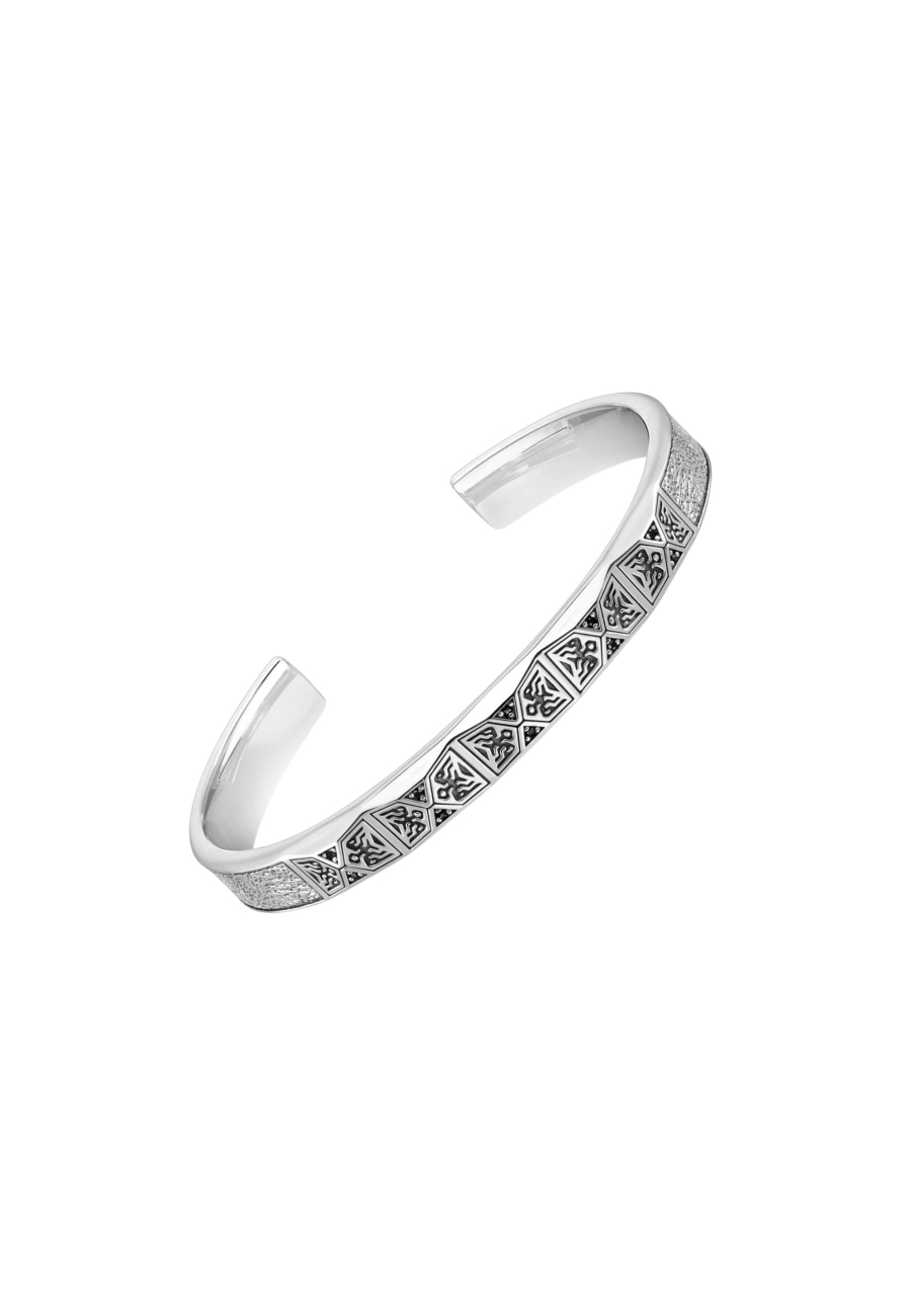 Bracelet jonc design facetté avec pierres noires argentées