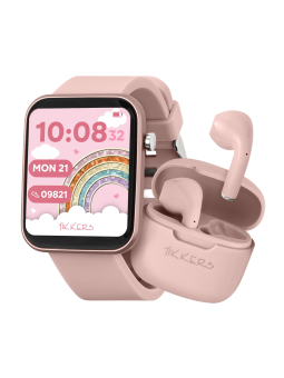 Tikkers Smart Series 13 Smartwatch & Ohrhörer Set (Schwarz/Rosa Silikonarmband)