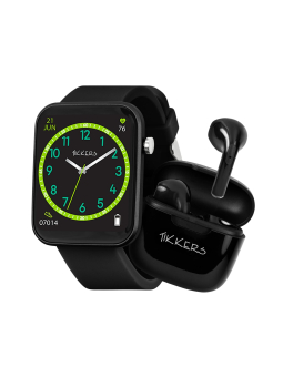 Tikkers Smart Series 13 Smartwatch & Ohrhörer Set (Schwarz/Rosa Silikonarmband)