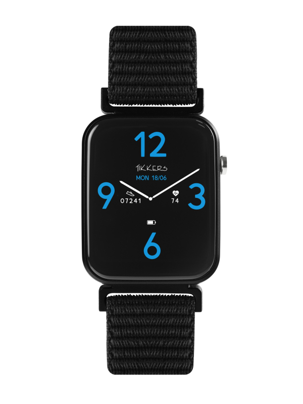 Tikkers Smart Series 13 Smartwatch & Kopfhörer Set (Schwarz/Rosa - Stoffarmband mit Schnellverschluss)