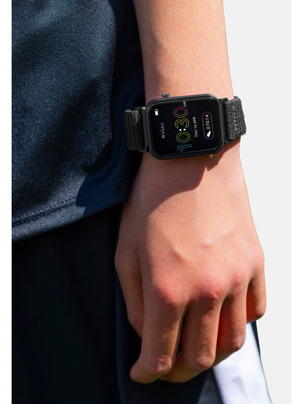 Tikkers Smart Series 13 Smartwatch & Kopfhörer Set (Schwarz/Rosa - Stoffarmband mit Schnellverschluss)