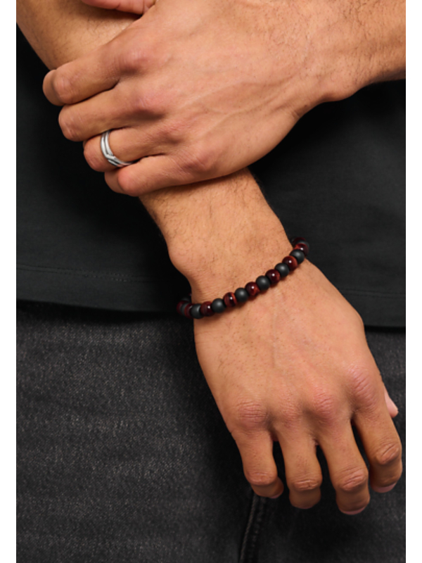 Bracelet avec Perles d'Obsidienne et d'Œil de Tigre Rouge (9 mm)