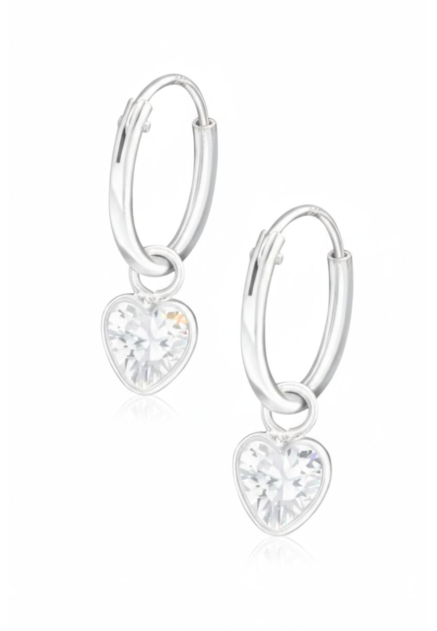 Silver Ear Hoops with Hanging Heart and Cubic Zirconia