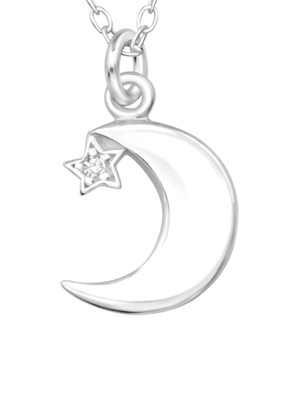 Moon with Star Sterling Silver Necklace with Cubic Zirconia