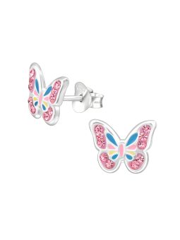 Butterfly Children's Sterling Silver Ear Studs with Crystal and Epoxy