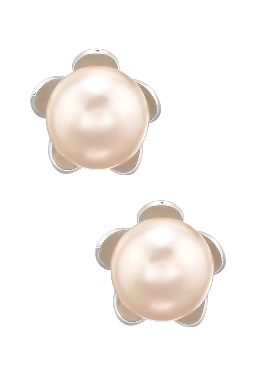 Silver Flower Ear Studs with Genuine European Crystal Pearls