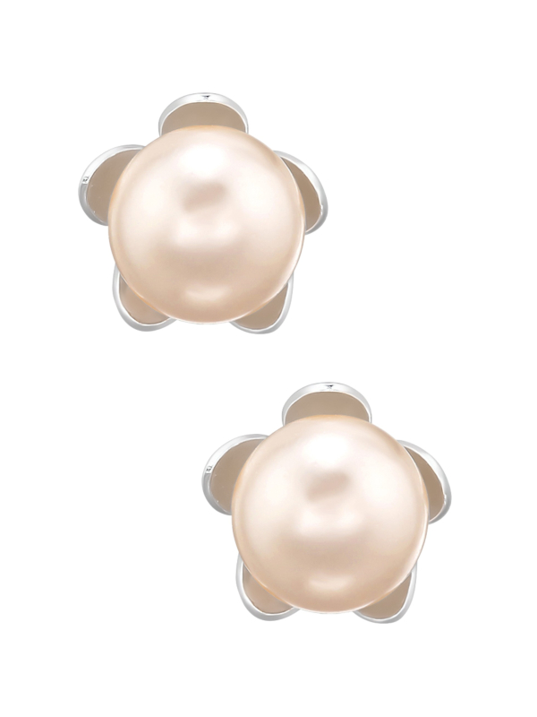 Silver Flower Ear Studs with Genuine European Crystal Pearls