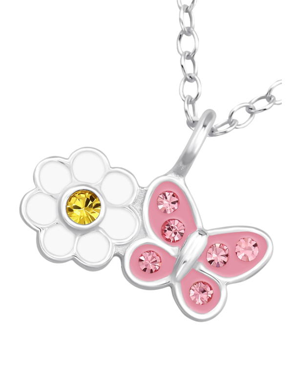 Kinder-Halskette Gänseblümchen-Blume mit Schmetterling aus Sterling Silber mit Kristall und Epoxidharz