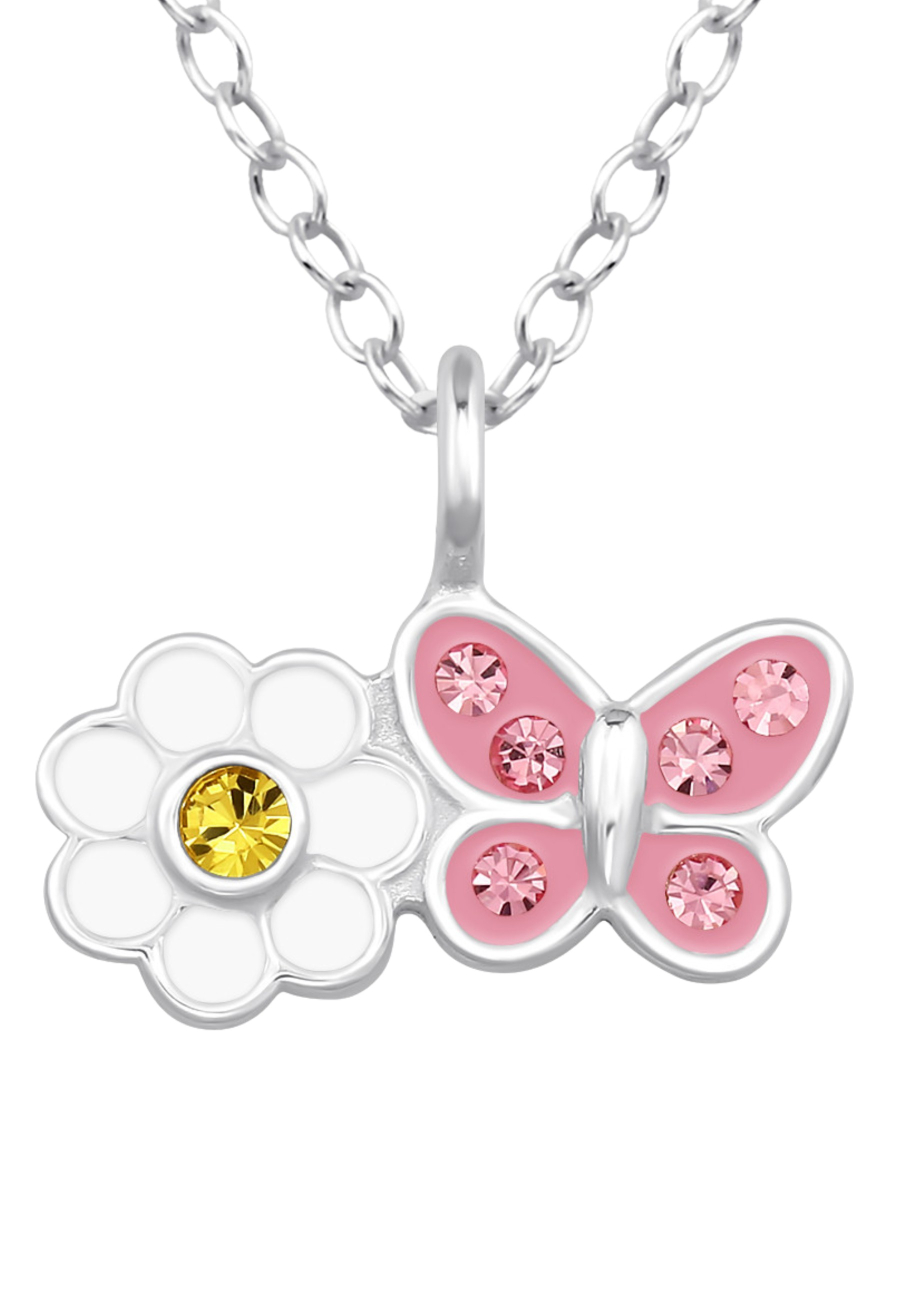 Collier Fleur Marguerite avec Papillon pour Enfants en Argent Sterling avec Cristal et Émail (or Résine Époxy)