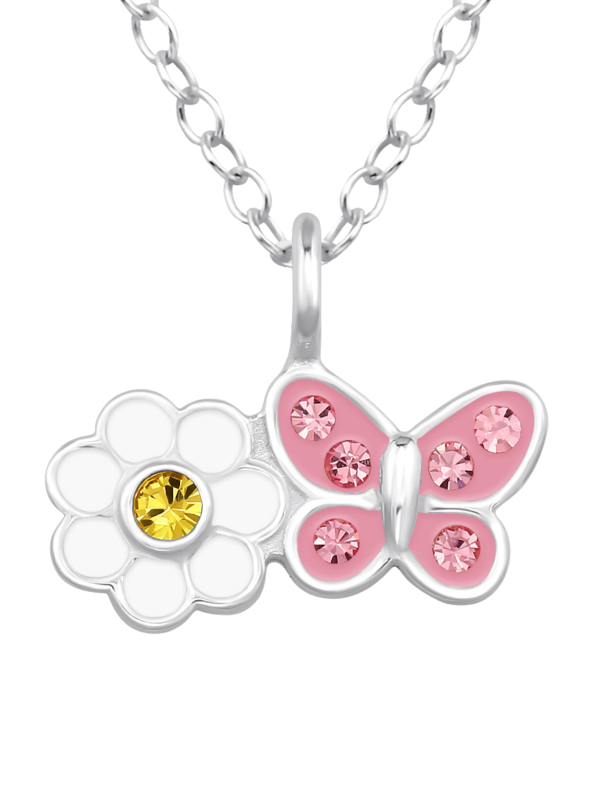 Collier Fleur Marguerite avec Papillon pour Enfants en Argent Sterling avec Cristal et Émail (or Résine Époxy)