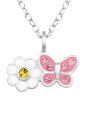 Collier Fleur Marguerite avec Papillon pour Enfants en Argent Sterling avec Cristal et Émail (or Résine Époxy)
