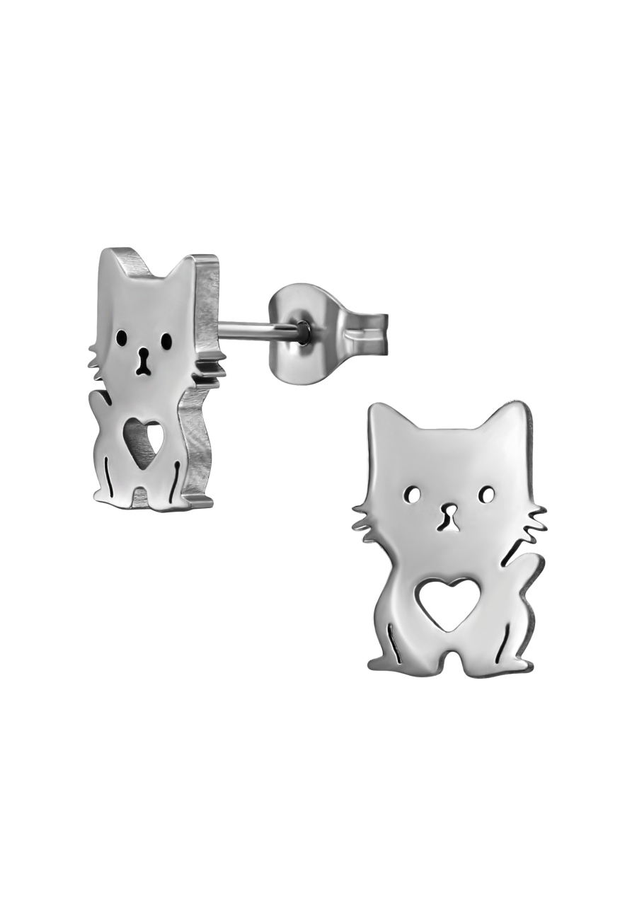 Puces d'Oreilles Chat avec Cœur en Acier Inoxydable