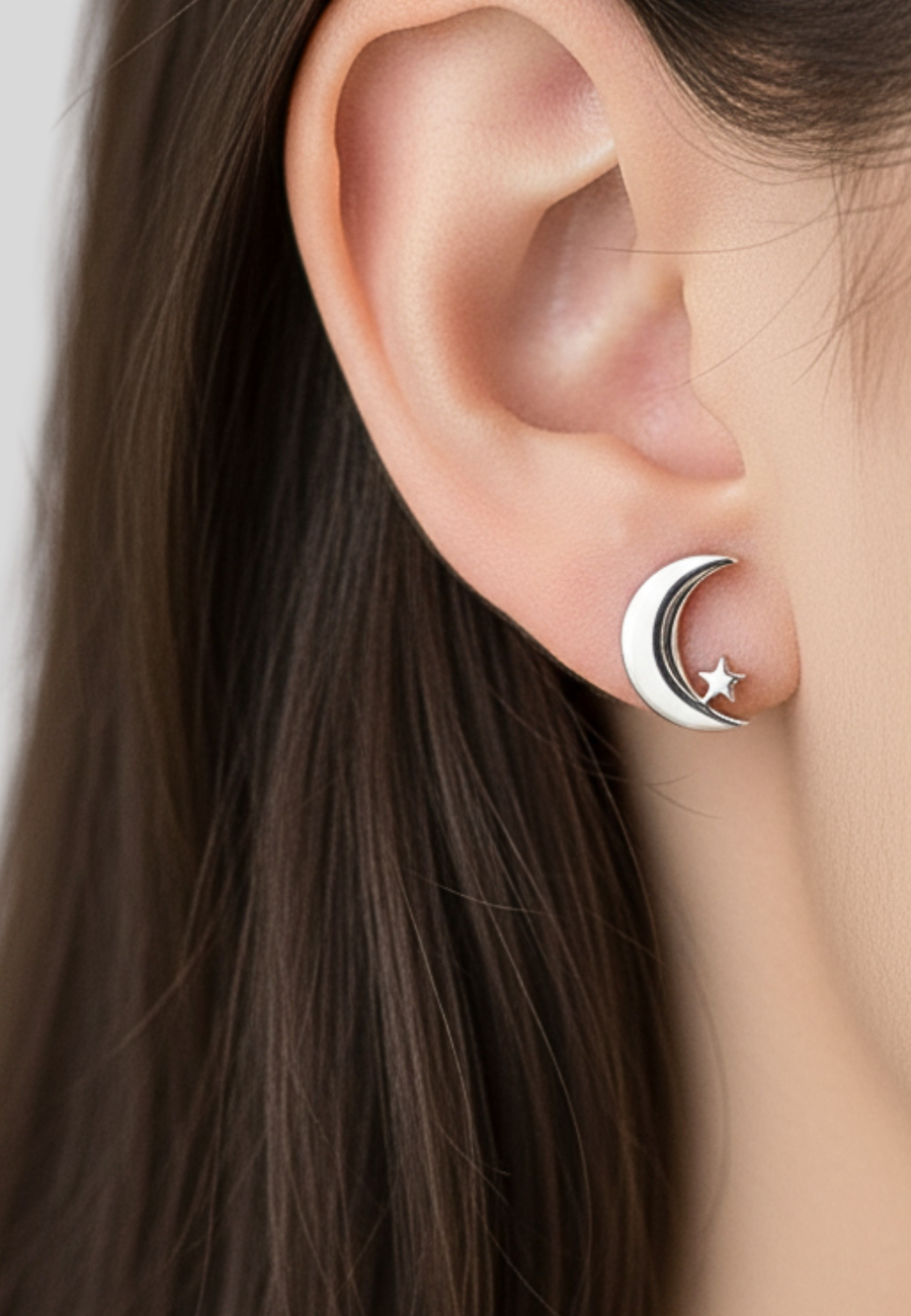 Maxte SES-1398-SS Puces d'Oreilles Lune avec Étoile 8 mm… | Diademita