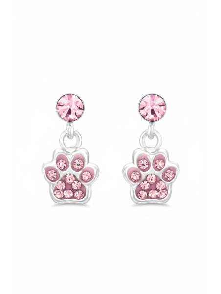 Children's Silver Dangling Paw Print Ear Studs with Crystal