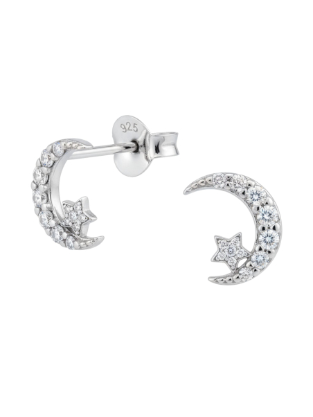 Silver Moon and Star Ear Studs with Cubic Zirconia