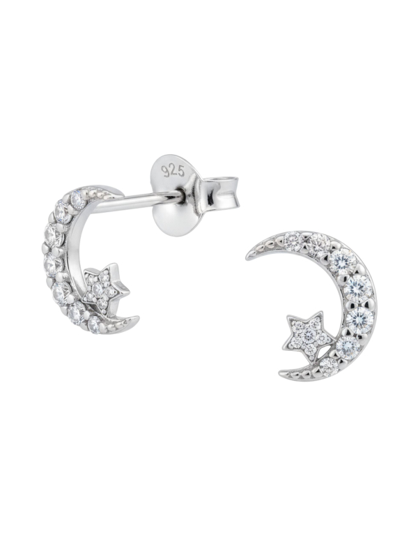 Silver Moon and Star Ear Studs with Cubic Zirconia