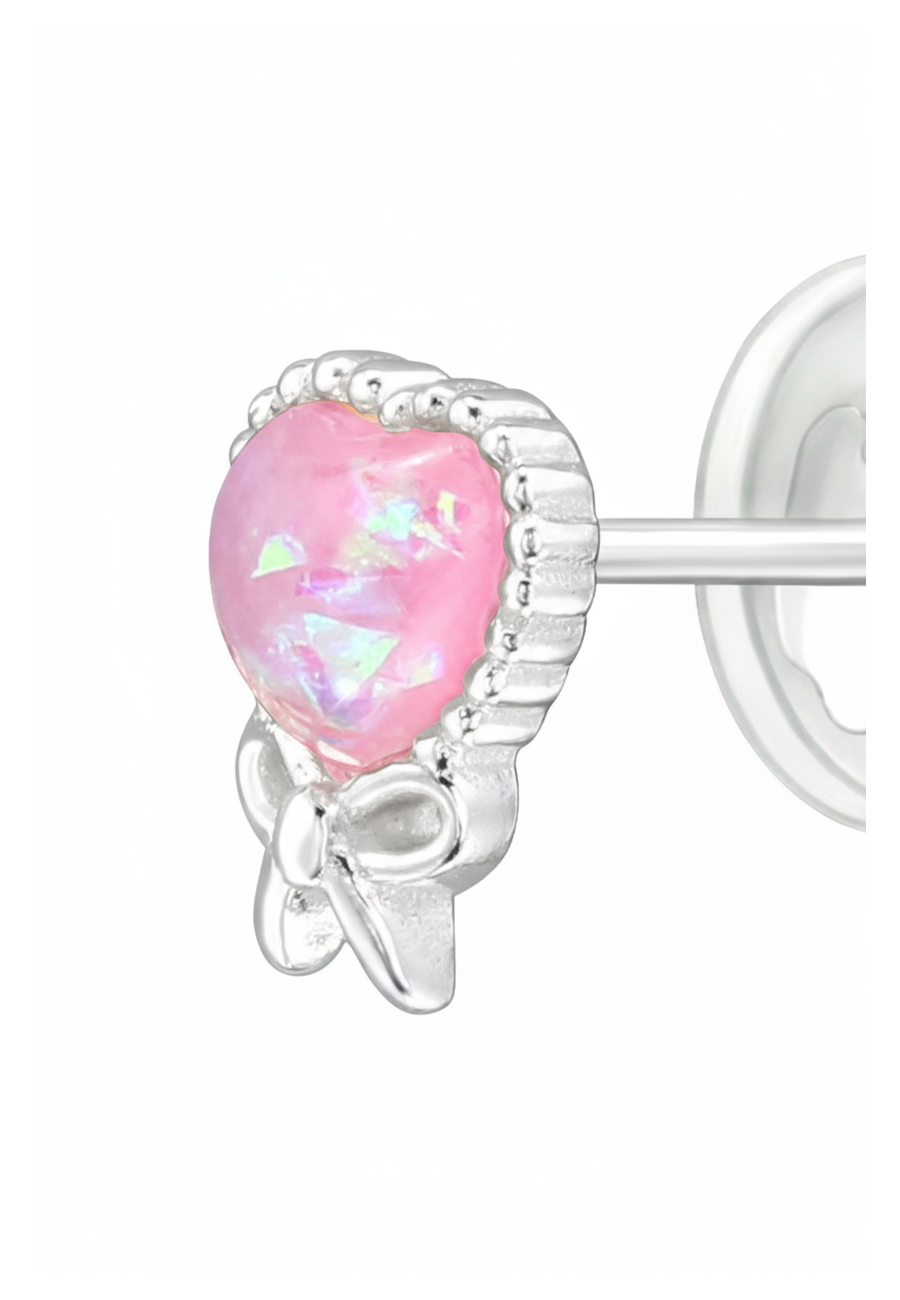 Children's Silver Heart Ear Studs with Imitation Opal