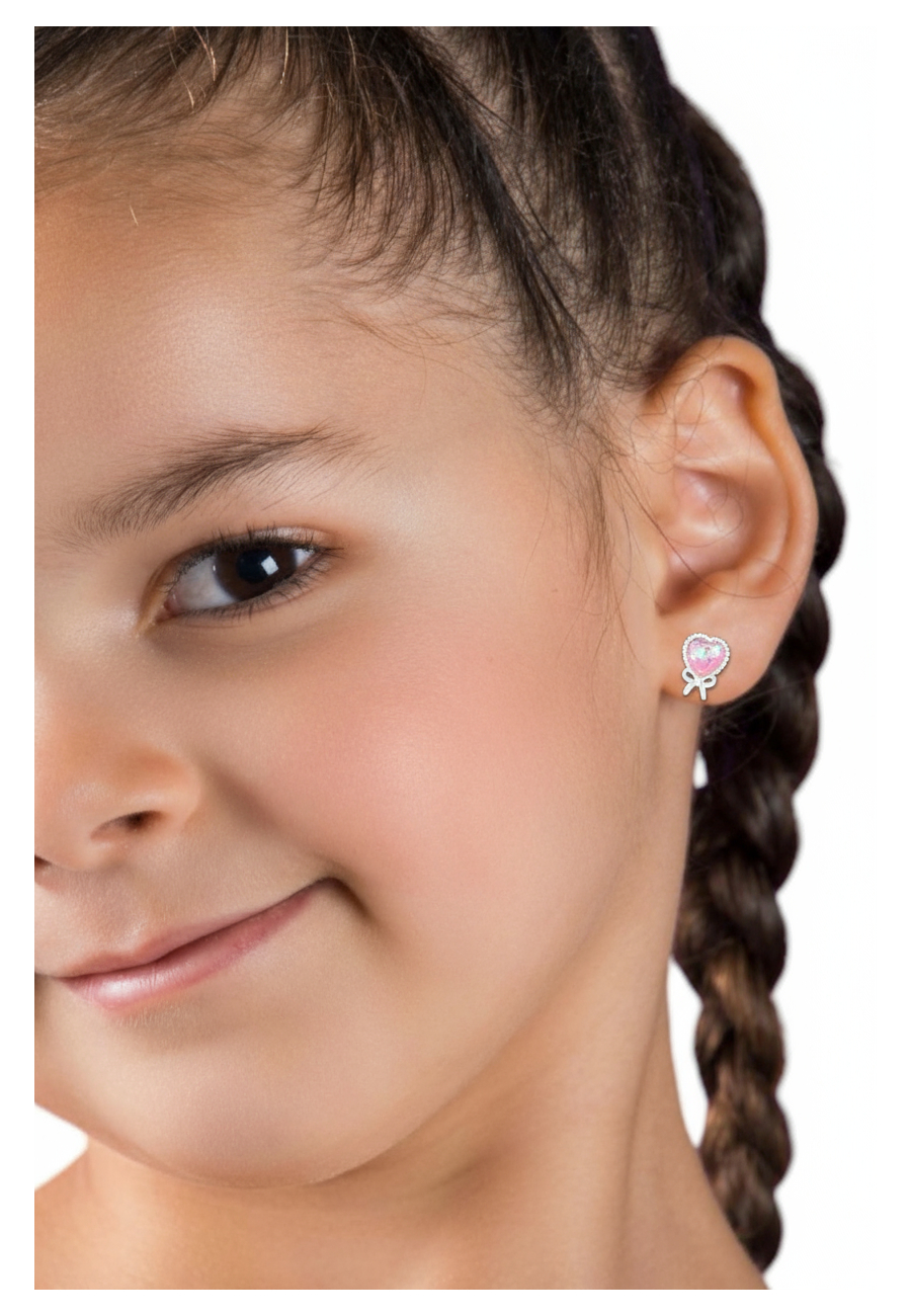 Children's Silver Heart Ear Studs with Imitation Opal