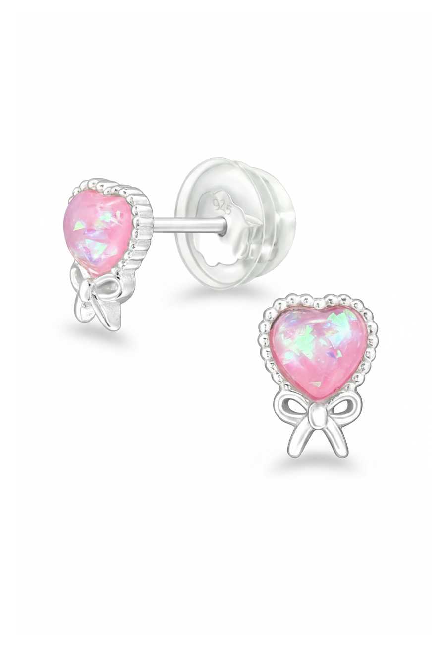 Puces d'Oreilles Cœur en Argent pour Enfants avec Opale d'Imitation