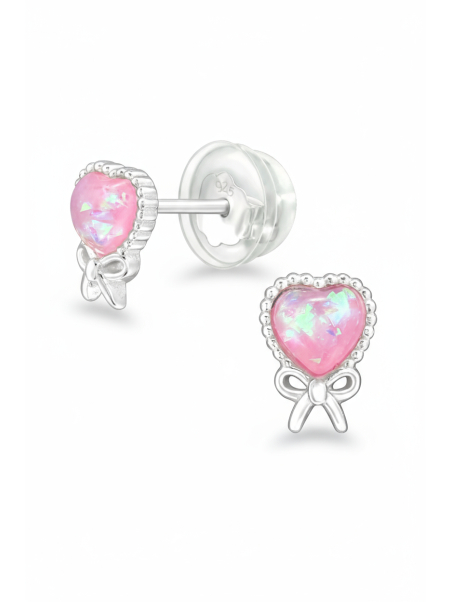 Puces d'Oreilles Cœur en Argent pour Enfants avec Opale d'Imitation