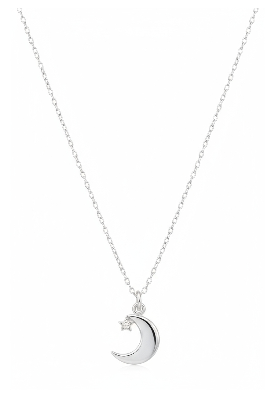 Moon with Star Sterling Silver Necklace with Cubic Zirconia