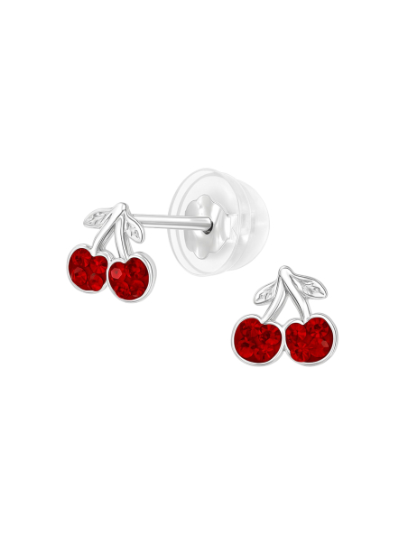 Premium Children's Silver Cherry Ear Studs with Crystal