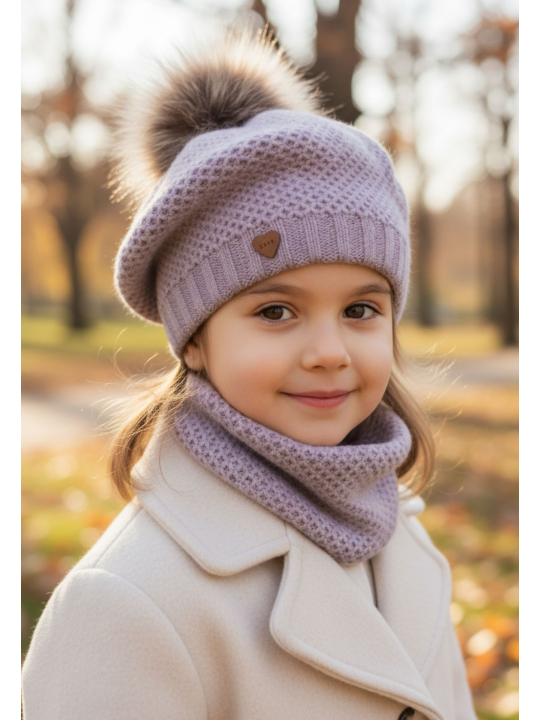 Winterset für Mädchen: rosa Mütze und Schlauchschal mit Pompon Francesca
