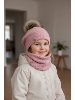 Winterset voor meisjes: roze muts en buis-sjaal met pompon Francesca – Roze