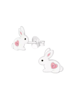 Children’s Silver Rabbit Ear Studs with Crystal and Epoxy – White