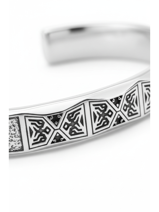 Bracelet jonc design facetté avec pierres noires argentées