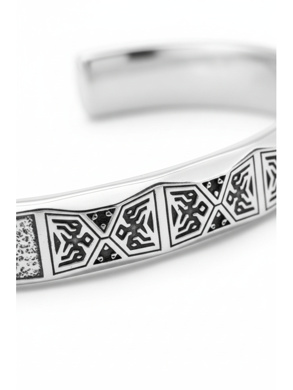 Bracelet jonc design facetté avec pierres noires argentées