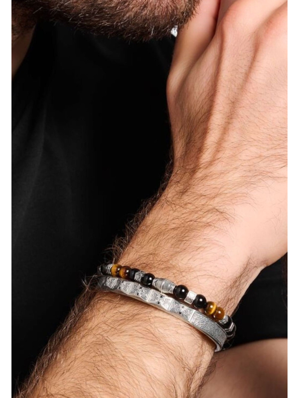 Bracelet jonc design facetté avec pierres noires argentées