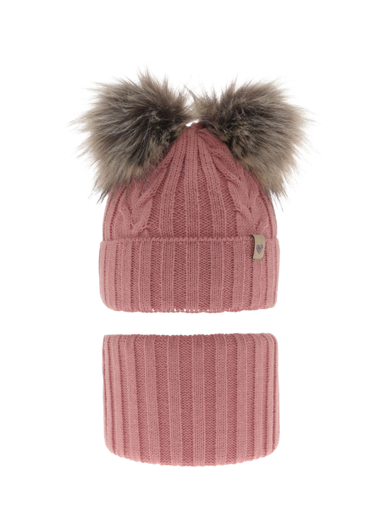 Ensemble d’Hiver pour Fille – Bonnet et Tour de Cou Rose avec Deux Pompons Amala