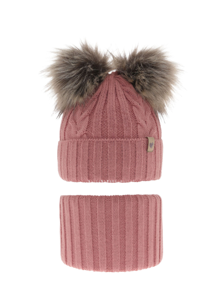 Ensemble d’Hiver pour Fille – Bonnet et Tour de Cou Rose avec Deux Pompons Amala