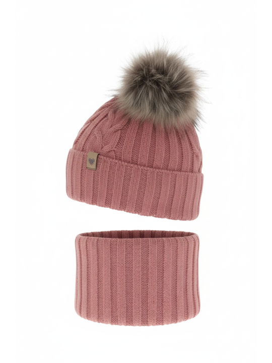 Ensemble d’Hiver pour Fille – Bonnet et Tour de Cou Rose avec Deux Pompons Amala