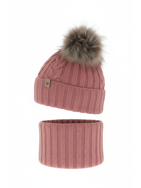 Ensemble d’Hiver pour Fille – Bonnet et Tour de Cou Rose avec Deux Pompons Amala