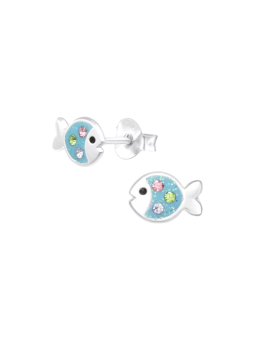 Boucles D Oreilles Silver Fish Ear Studs With Crystal And Epoxy