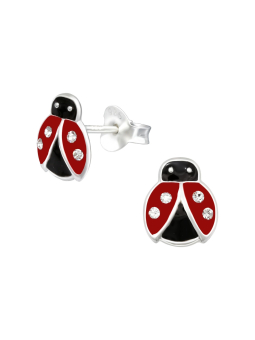 Childrens Silver Ladybug Ear Studs With Crystal And Epoxy Boucles D Oreilles – Rouge