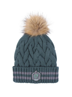 Bonnet Tricoté à Pompon avec Motif Slytherin – Vert