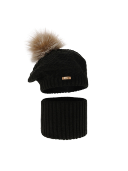 Mädchen Winterset Atene – Mütze mit Bommel und Schlauchschal – Schwarz