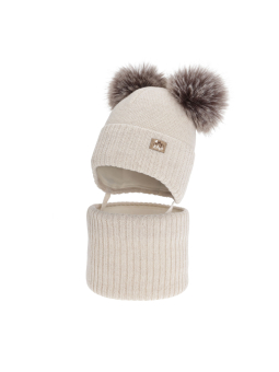 Ensemble d'hiver pour fille Palira avec laine mérinos – Bonnet à oreillettes et tour de cou – Crème