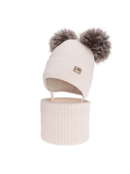 Mädchen Winterset Palira mit Merinowolle – Mütze mit Ohrenklappen und Schlauchschal – Pink