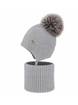 Mädchen Winterset Palira mit Merinowolle – Mütze mit Ohrenklappen und Schlauchschal – Grau