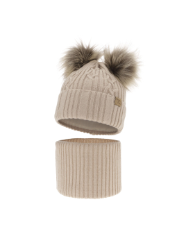 Ensemble d'hiver pour fille Sierra – Bonnet à deux pompons et tour de cou – Crème