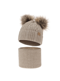 Mädchen Winterset Sierra – Mütze mit zwei Bommeln und Schlauchschal – Beige