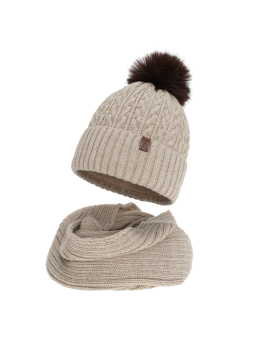 Ensemble d'hiver pour femme Nari – Bonnet à pompon et tour de cou – Beige
