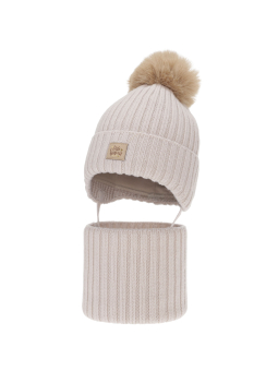 Mädchen Winterset Malesia aus Merinowolle – Mütze mit Ohrenklappen und Schlauchschal – Beige