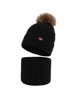 Mädchen Winterset Lucerne – Mütze mit Bommel und Schlauchschal – Schwarz